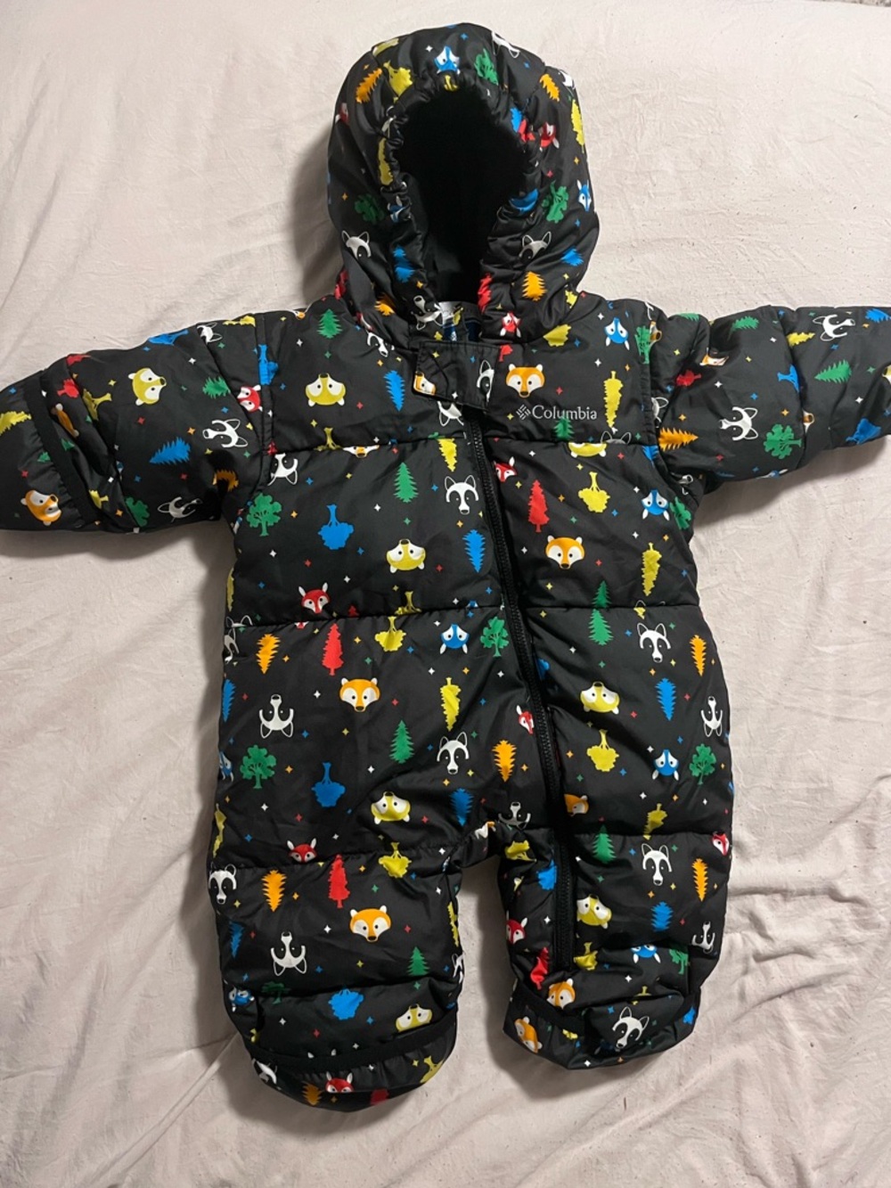 Columbia Black Hooded Baby One-Piece with Multicolor Forest Print